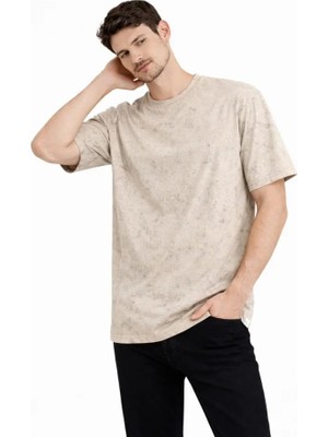 Pomeya  Erkek Asit Yıkama Bisiklet Yaka Kısa Kollu Oversize T-Shirt Tişört - Bej