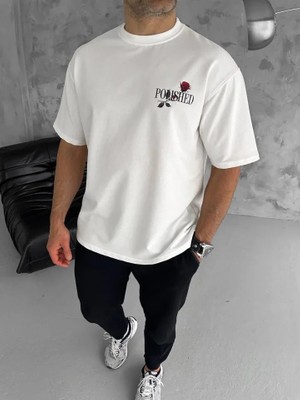 Pomeya  Unisex Bisiklet Yaka Baskılı Oversize T-Shirt - Beyaz
