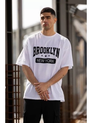 Pomeya  Unisex Bisiklet Yaka Baskılı Oversize T-Shirt - Beyaz