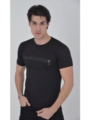 Pomeya  Erkek Göğüste Fermuar Aksesuarlı Dar Kalıp T-Shirt - Siyah