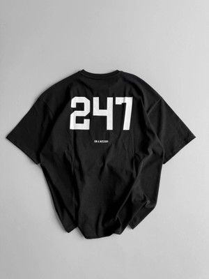Pomeya  Baskılı Oversize Bisiklet Yaka T-Shirt - Siyah