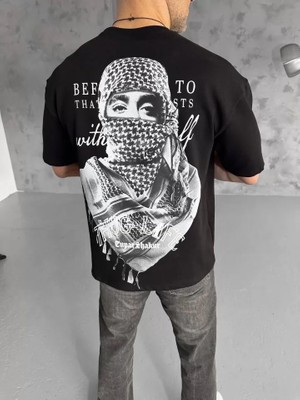 Pomeya  Unisex Baskılı Oversize T-Shirt - Siyah