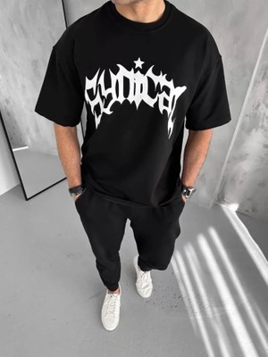Pomeya  Unisex Bisiklet Yaka Baskılı Oversize T-Shirt - Siyah