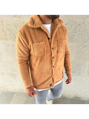 Pomeya  Erkek Pelüş Polar Hırka Gömlek – Yakalı, Ilik Düğmeli, Göğüs Cepli, Yumuşak Dokulu Kışlık Regular Fit Rahat Günlük Model - Açık Kahve