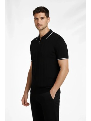 Pomeya  Erkek Fermuarlı Yaka Fitilli Triko Kısa Kollu Regular Fit Tişört T-Shirt - Siyah