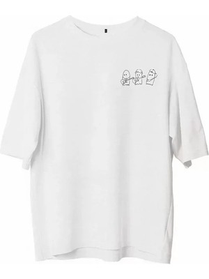 Pomeya  Unisex Bisiklet Yaka Baskılı Oversize T-Shirt - Beyaz