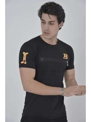 Pomeya  Unisex Göğüs Fermuarlı Baskılı T-Shirt - Siyah