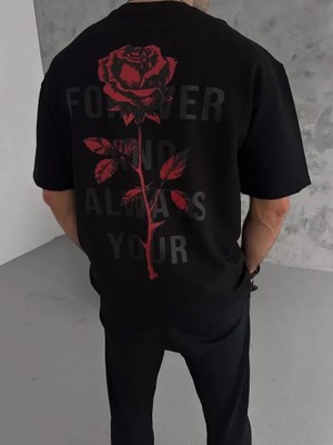 Pomeya  Unisex Bisiklet Yaka Baskılı Oversize T-Shirt - Siyah