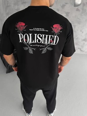 Pomeya  Unisex Bisiklet Yaka Baskılı Oversize T-Shirt - Siyah