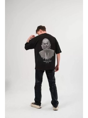 Pomeya  Unisex Bisiklet Yaka Baskılı Oversize T-Shirt - Siyah