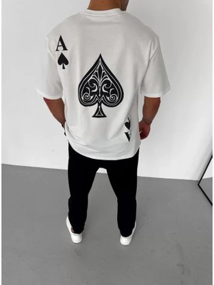 Pomeya  Unisex Bisiklet Yaka Baskılı Oversize T-Shirt - Beyaz