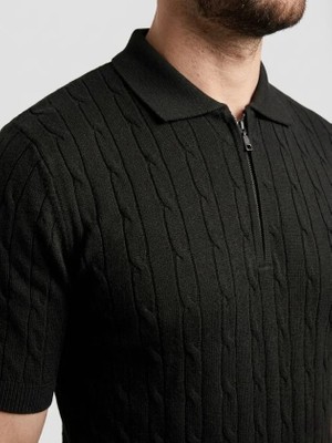 Pomeya  Erkek Yazlık Triko Saç Örgü Tişört Kısa Kol Polo Yaka Fermuarlı T-Shirt - Siyah