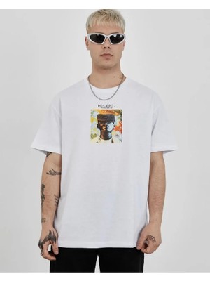 Pomeya  Unisex Bisiklet Yaka Baskılı Oversize T-Shirt - Beyaz