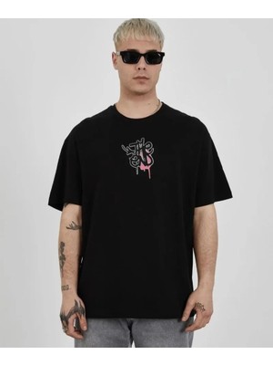 Pomeya  Unisex Bisiklet Yaka Baskılı Oversize T-Shirt - Siyah