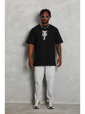 Pomeya  Erkek Baskılı T-Shirt Kısa Kol Bisiklet Yaka Regular Fit Rahat Kalıp Günlük Tişört - Siyah