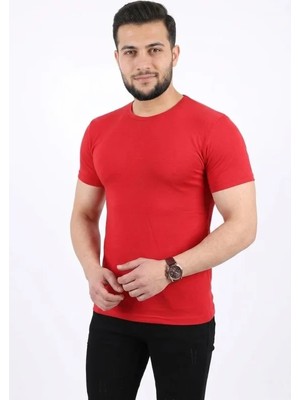 Pomeya  Erkek Basic Tişört Bisiklet Yaka Kısa Kol Günlük Yazlık Slim Fit T-Shirt - Kırmızı