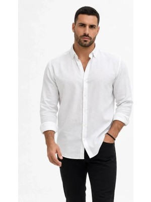 Pomeya  Erkek Keten Kumaş Oversize Uzun Kollu Rahat Kalıp Gömlek - Beyaz