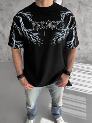 Pomeya  Unisex Bisiklet Yaka Baskılı Oversize T-Shirt - Siyah
