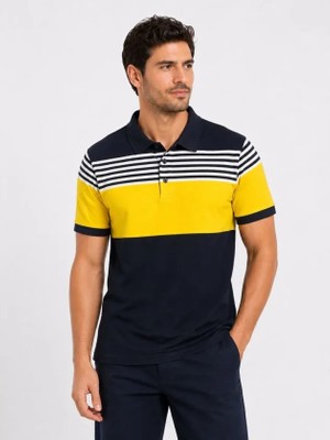 Pomeya  Erkek Pike Kumaş Çizgili Polo Yaka Tişört Kısa Kol Yazlık T-Shirt - Lacivert