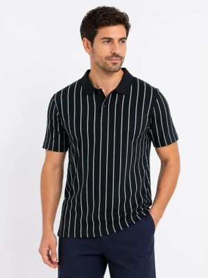 Pomeya  Erkek Pike Kumaş Çizgili Polo Yaka Tişört Kısa Kol Yazlık T-Shirt - Siyah