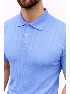 Pomeya  Erkek Yazlık Triko Tişört Kısa Kol Polo Yaka Düğmeli T-Shirt - Bebek Mavisi