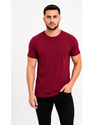 Pomeya  Erkek Basic Tişört Bisiklet Yaka Kısa Kol Günlük Yazlık Slim Fit T-Shirt - Bordo