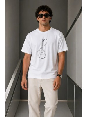 Pomeya  Erkek Minimal Gitar Baskılı Tişört T-Shirt Yazlık Kısa Kol Bisiklet Yaka T-Shirt - Beyaz