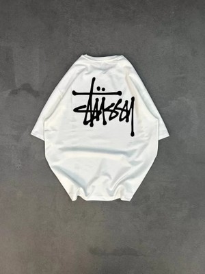 Pomeya  Unisex Bisiklet Yaka Baskılı Oversize T-Shirt - Beyaz