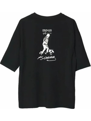 Pomeya  Unisex Bisiklet Yaka Baskılı Oversize T-Shirt - Siyah