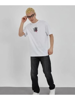 Pomeya  Unisex Bisiklet Yaka Baskılı Oversize T-Shirt - Beyaz