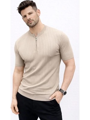 Pomeya  Erkek Kısa Kol Fitilli Triko T-Shirt Yazlık Hakim Yaka Tişört - Bej