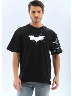 Pomeya  Unisex Ön ve Kol Baskılı Oversize T-Shirt - Siyah