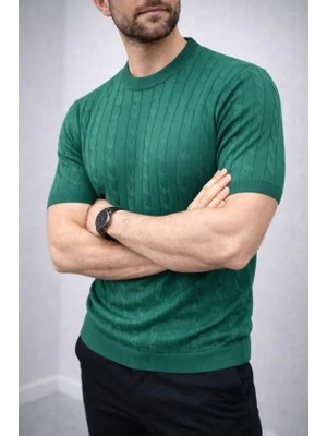 Pomeya  Erkek Yazlık Triko Dokuma Tişört Kısa Kol Bisiklet Yaka Örgü Desenli T-Shirt - Haki