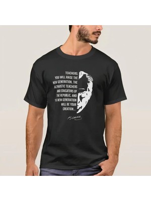 Pomeya  24 Kasım Öğretmenler Günü Temalı Baskılı Bisiklet Yaka T-Shirt - Siyah
