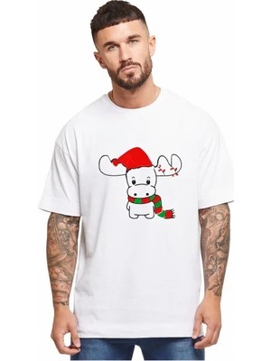 Pomeya  Yılbaşı Noel Ren Geyiği Baskılı Kısa Kollu Oversize Bisiklet Yaka T-Shirt - Beyaz