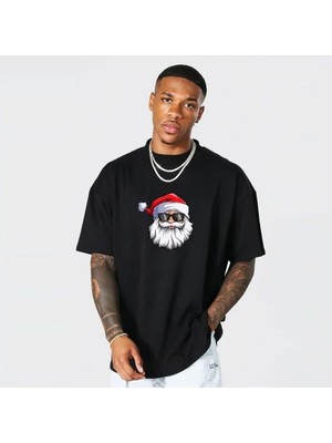 Pomeya  Yılbaşı Gözlüklü Noel Baba Baskılı Kısa Kollu Oversize Bisiklet Yaka T-Shirt - Siyah