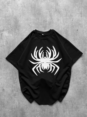Pomeya  Erkek Örümcek Baskılı Tişört Kısa Kollu Bisiklet Yaka T-Shirt - Siyah