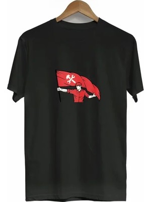 Pomeya  1 Mayıs Emek ve Dayanışma Bayraklı Emekçi Baskılı Bisiklet Yaka T-Shirt - Siyah