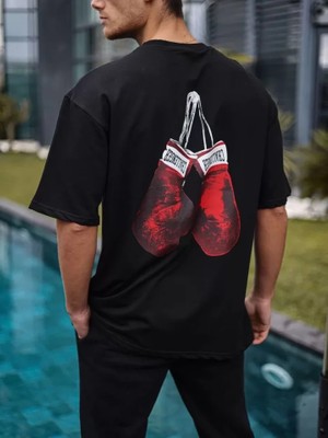 Pomeya  Unisex Bisiklet Yaka Baskılı Oversize T-Shirt - Siyah