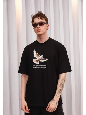 Pomeya  Unisex Bisiklet Yaka Baskılı Oversize T-Shirt - Siyah