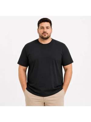 Pomeya  Erkek Battal Big Size Basic Tişört Bisiklet Yaka Rahat Kalıp T-Shirt - Siyah