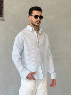 Pomeya  Erkek Ince Çizgili Gofre Kumaş Rahat Kalıp Gömlek