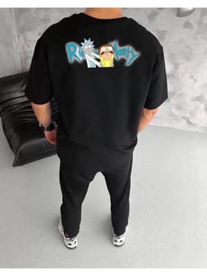 Pomeya  Unisex Bisiklet Yaka Baskılı Oversize T-Shirt - Siyah