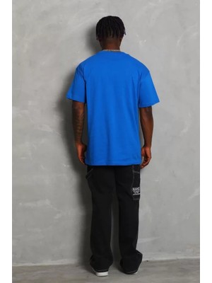 Pomeya  Unisex Oversize Düz Bisiklet Yaka T-Shirt - Mavi