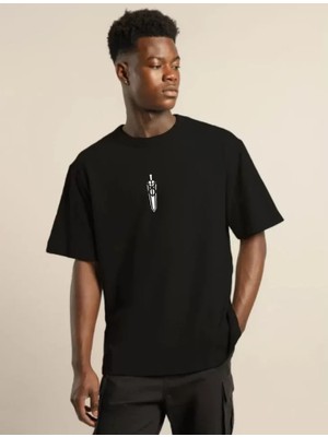 Pomeya  Unisex Bisiklet Yaka Baskılı Oversize T-Shirt - Siyah