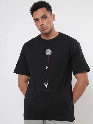 Pomeya  Erkek Baskılı Oversize T-Shirt - Siyah