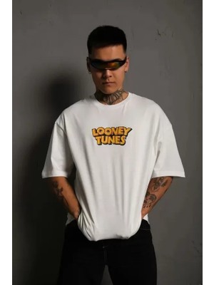 Pomeya  Unisex Bisiklet Yaka Baskılı Oversize T-Shirt - Beyaz