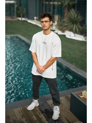 Pomeya  Unisex Baskılı Oversize T-Shirt - Beyaz
