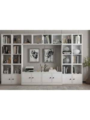 Vivense Leksa Eva 8 Kapaklı 22 Açık Raflı Özel Tasarım Modern Beyaz Kitaplık HVV-KTP-1006