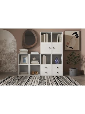 Vivense Leksa 2 Kapaklı Çekmeceli Raflı Basamakli Kitaplık 130 cm Beyaz KTP-1243-Ç